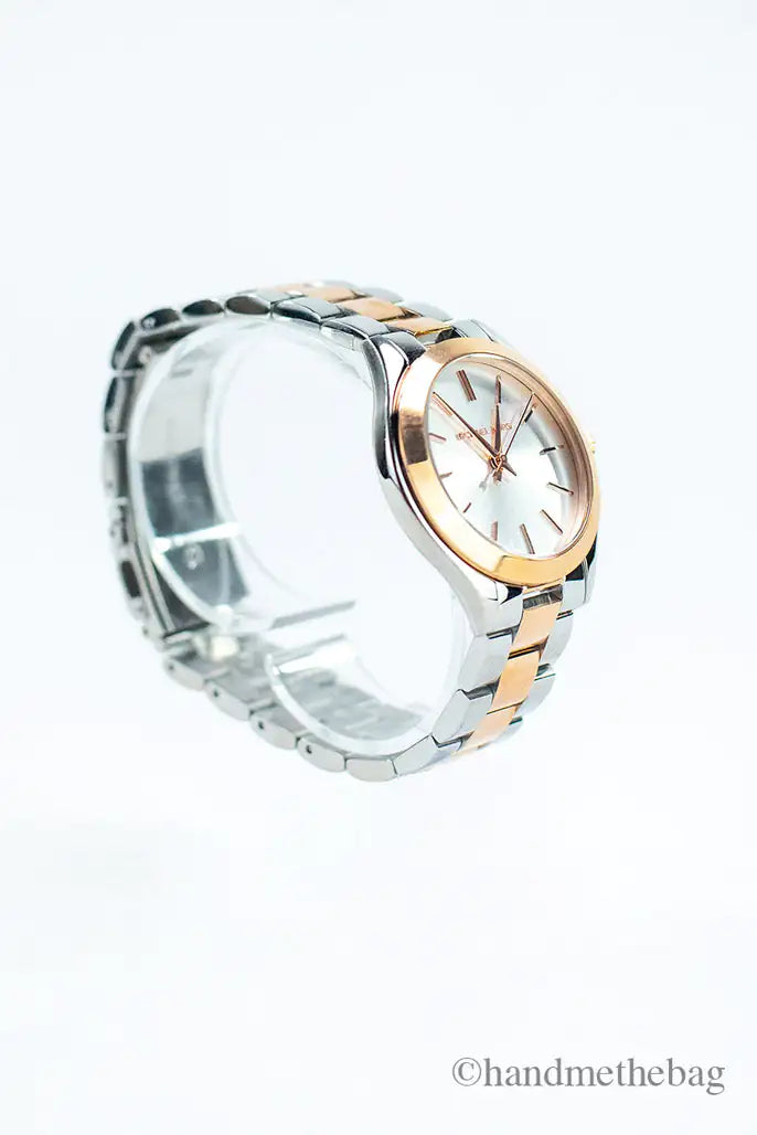 Michael Kors Slim Runway Rose Gold Silver Toned Stainless Steel Watch